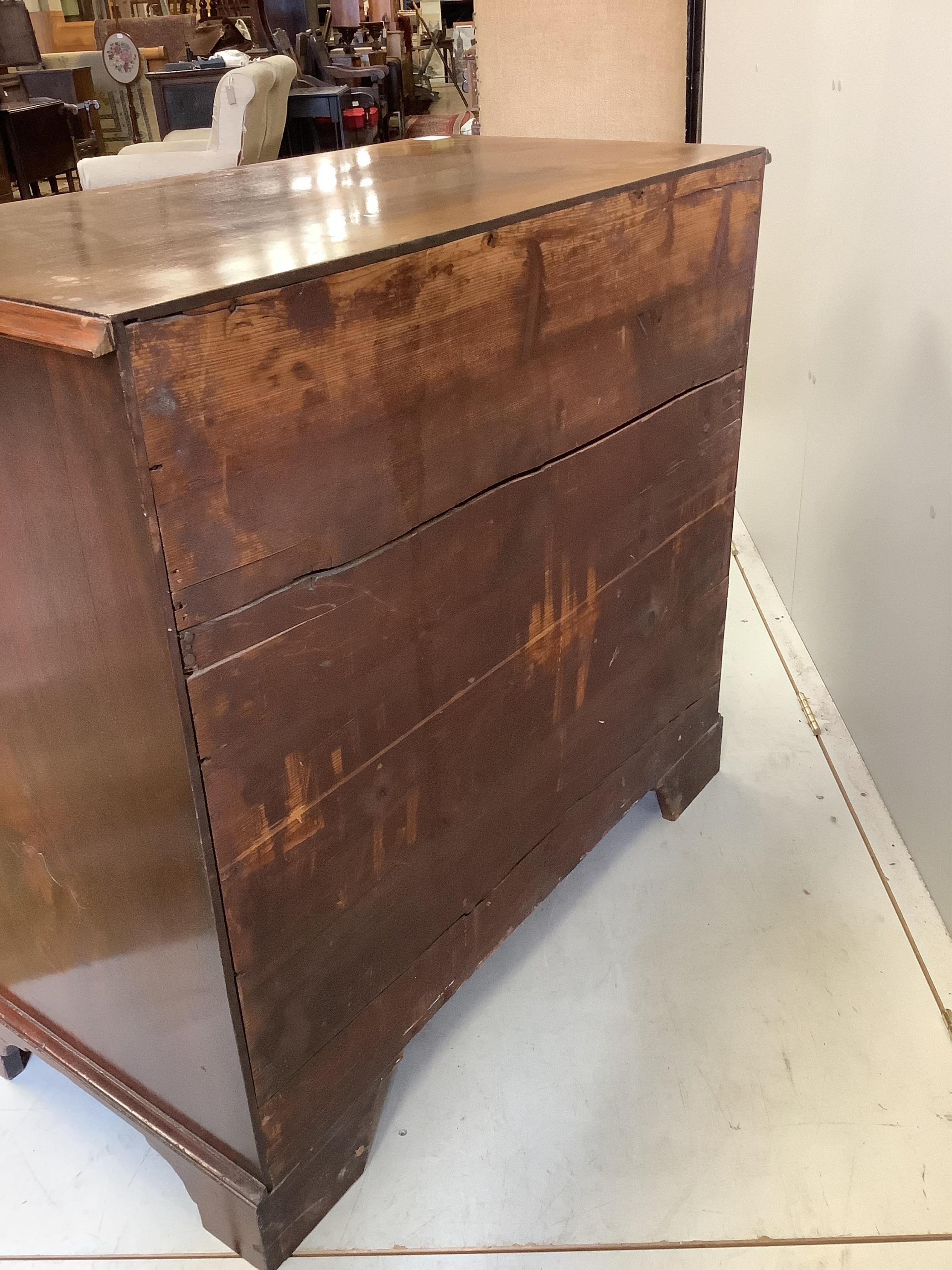 A small George IV mahogany chest of five drawers, width 94cm, depth 48cm, height 87cm. Condition - poor-fair